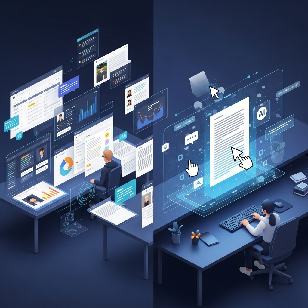 Two people working with floating digital screens, data dashboards, and AI-assisted document interfaces