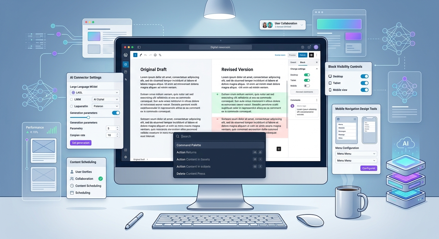 A sleek, modern editorial workspace scene rendered in a clean digital illustration style. A large monitor displays a sophisticated content management interface with a split-screen revision comparison view, color-coded change indicators, and a command palette overlay. Surrounding the central screen are floating UI panels showing AI connector settings, block visibility controls, and mobile navigation design tools. The overall aesthetic is modern and professional, with a cool blue and white color palette accented by subtle purple and teal highlights suggesting AI integration. The environment feels like a high-tech digital newsroom — minimal, purposeful, and forward-looking — with abstract visual metaphors for connectivity, layered content architecture, and generative AI infrastructure subtly woven into the background design.