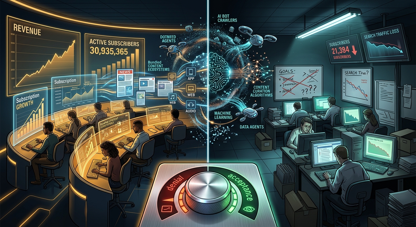 A split-screen editorial illustration showing two contrasting worlds of modern digital media: on one side, a thriving publisher's command center with glowing subscription dashboards, bundled content ecosystems, and upward-trending revenue graphs bathed in warm light; on the other side, a dimly lit newsroom with declining subscriber counters and fading search traffic indicators. Between the two worlds, a swirling vortex of AI bot crawlers, robotic data agents, and circuit-board neural networks hovers at the threshold. In the foreground, a large illuminated dial or dial-switch labeled with abstract symbols transitions from a red "denial" position to a green "acceptance" position, representing a strategic mindset shift. The overall aesthetic is sleek, editorial, and slightly futuristic — dark backgrounds with electric blue, amber, and teal accent lighting, rendered in a high-contrast digital illustration style reminiscent of technology journalism magazine covers.