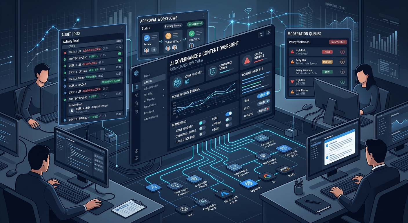 Create an editorial-style digital illustration depicting a modern content management and AI governance dashboard environment. Show a sleek, professional interface with layered panels representing audit logs, approval workflows, and moderation queues. Include visual metaphors for oversight and control: a central administrative console with glowing activity streams, permission toggles, and structured data flows between interconnected nodes representing plugins and AI providers. The color palette should be deep navy blue and dark charcoal with accents of electric blue and cool white, evoking enterprise software and institutional trust. In the background, subtle grid lines and abstract network connections suggest infrastructure and observability. The overall mood is serious, authoritative, and forward-looking — a workspace where technology is carefully managed rather than freely deployed. Render in a clean, modern flat-to-isometric hybrid style with soft depth and professional lighting, suitable for a technology editorial publication.