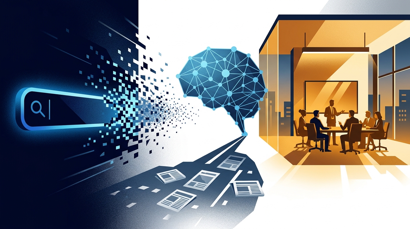 Editorial illustration for: As AI Hollows Out Search, Media’s Smart Money Is Buying the Room