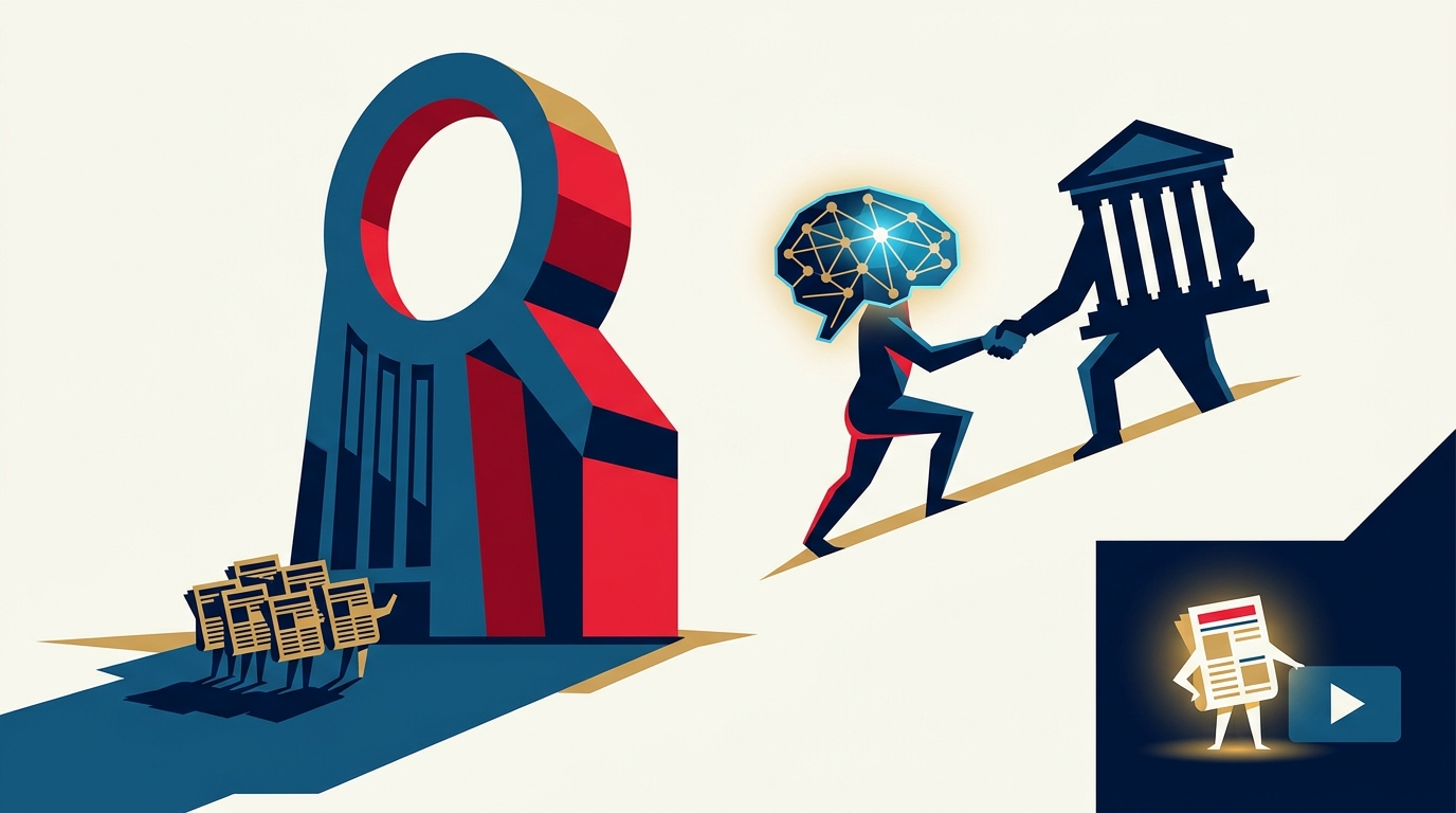 Editorial illustration for: Google Keeps Its Ad Monopoly, OpenAI Gets Washington’s Backing — Publishers Lost Both Fights This Week