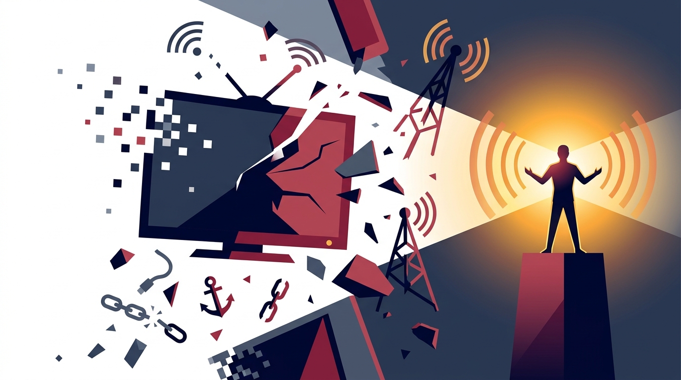 Editorial illustration for: Foxtel Disappears, Nine Slips Away, and Fox Cuts Its Anchor — Owning the Audience Is the Only Defense Left