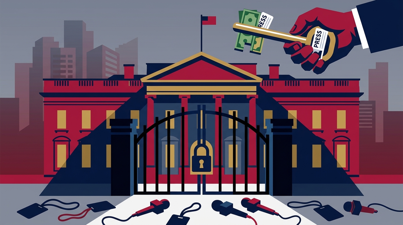 Editorial illustration for: Trump Banned CNN, MS NOW, and Politico From the White House — and Turned Access Into a Weapon